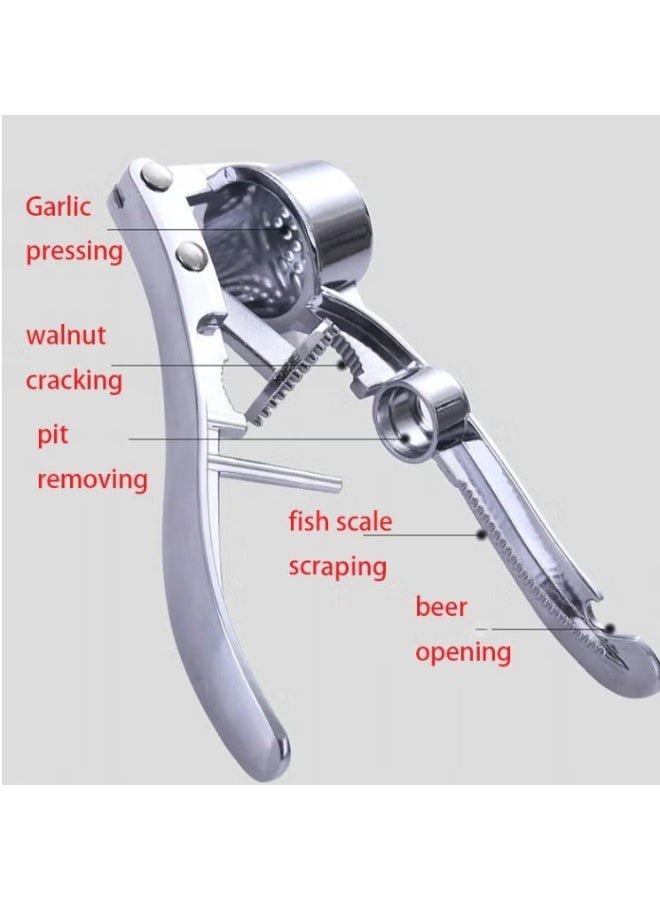 مجموعة عصارة ثوم من الفولاذ المقاوم للصدأ 5 في 1 - عصارة ثوم متعددة الوظائف تعمل كفتاحة زجاجات، وكسارة جوز، ومزيل قشور السمك، وأداة إزالة نوى التمر، بتصميم مريح، وسهلة التنظيف، وتشمل مقشرة ثوم وفرشاة تنظيف، وهدية مثالية لرمضان والعيد. - Image 5